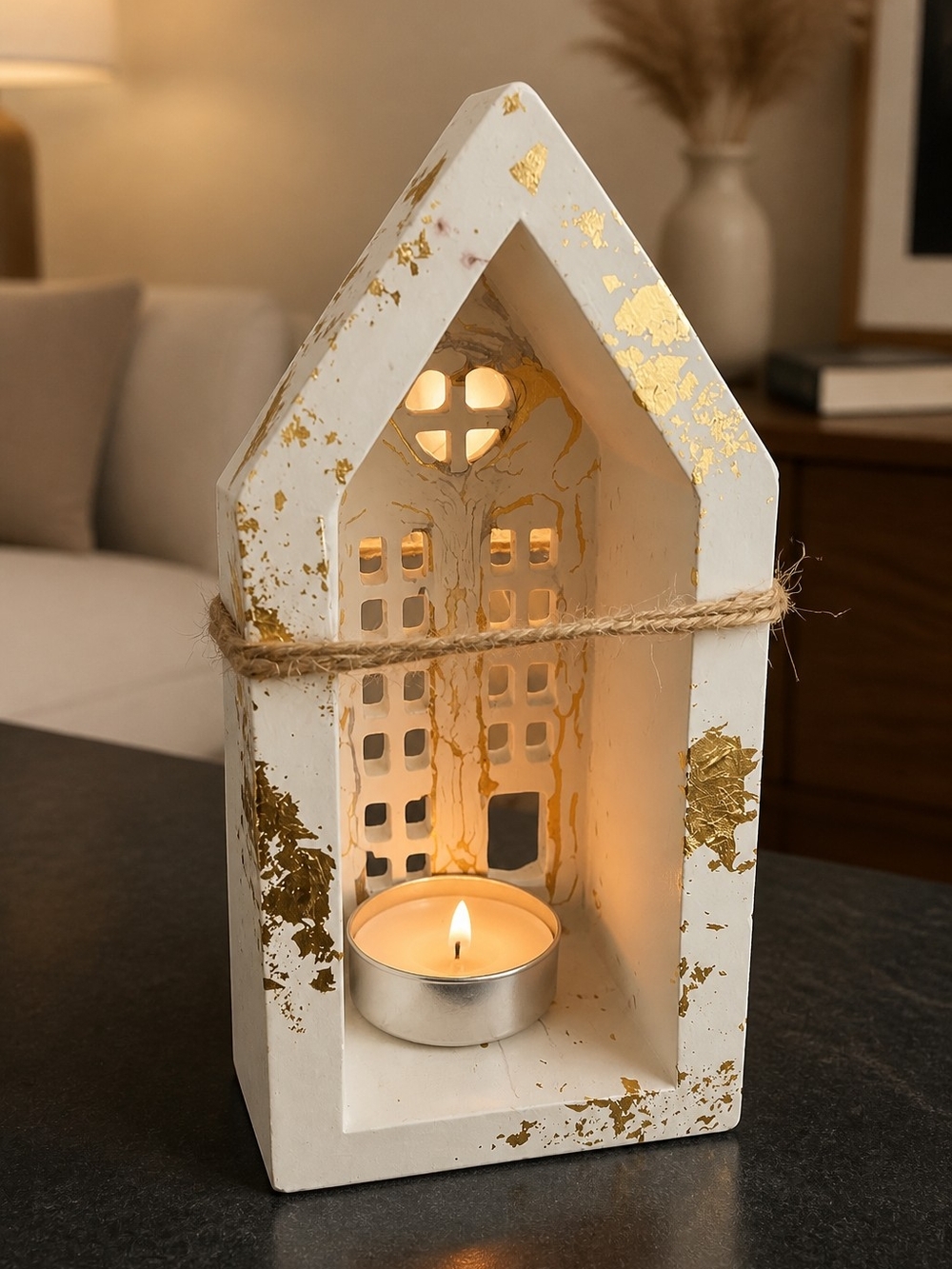 White and Gold Barn Tealight House Candle Holder